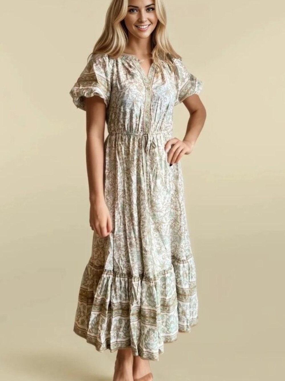 By the River Peasant Floral Puff-Sleeve Maxi Dress in Sage and Cream small women
